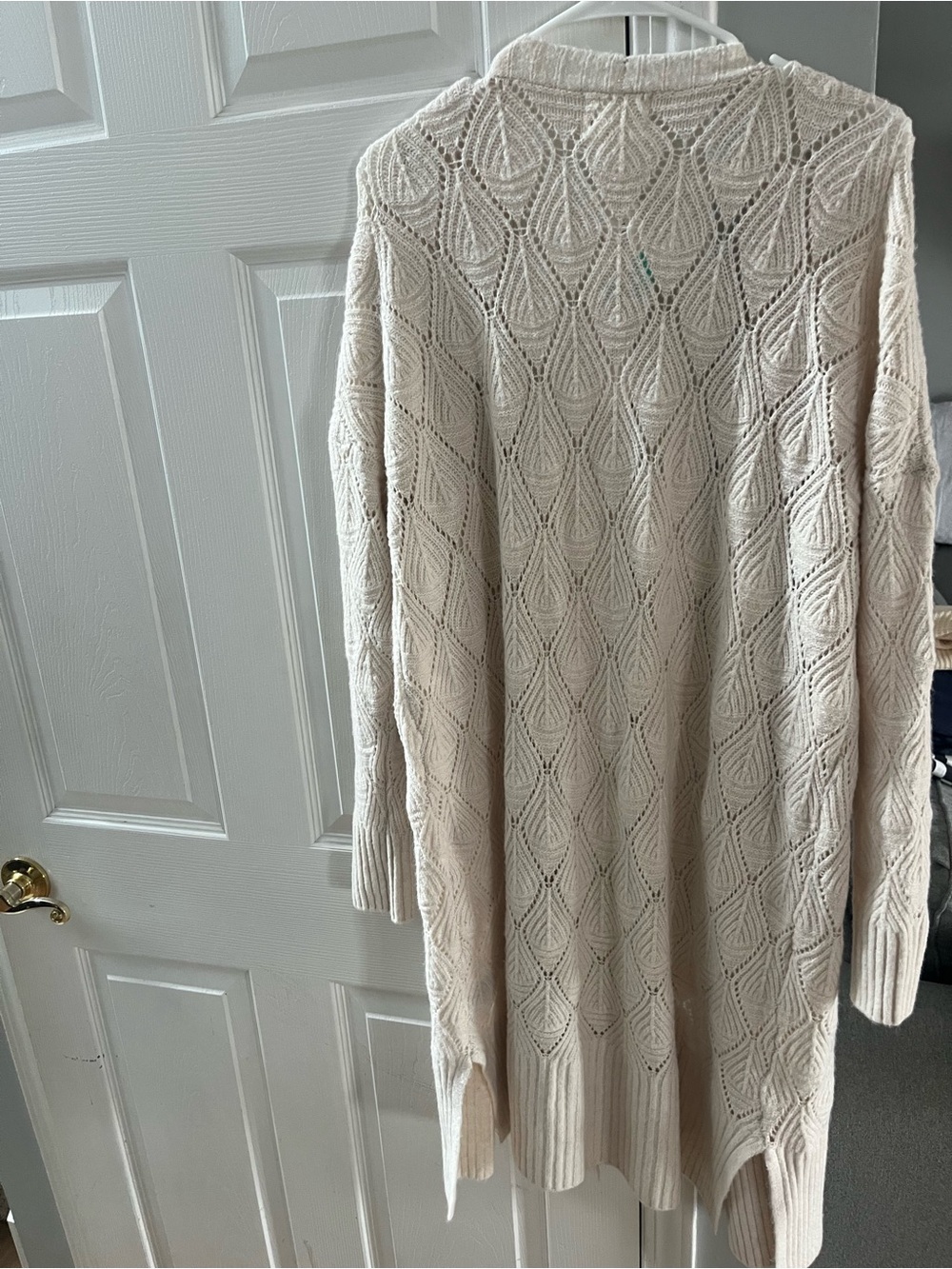 Cream Openwork Knit Long Cardigan Sweater